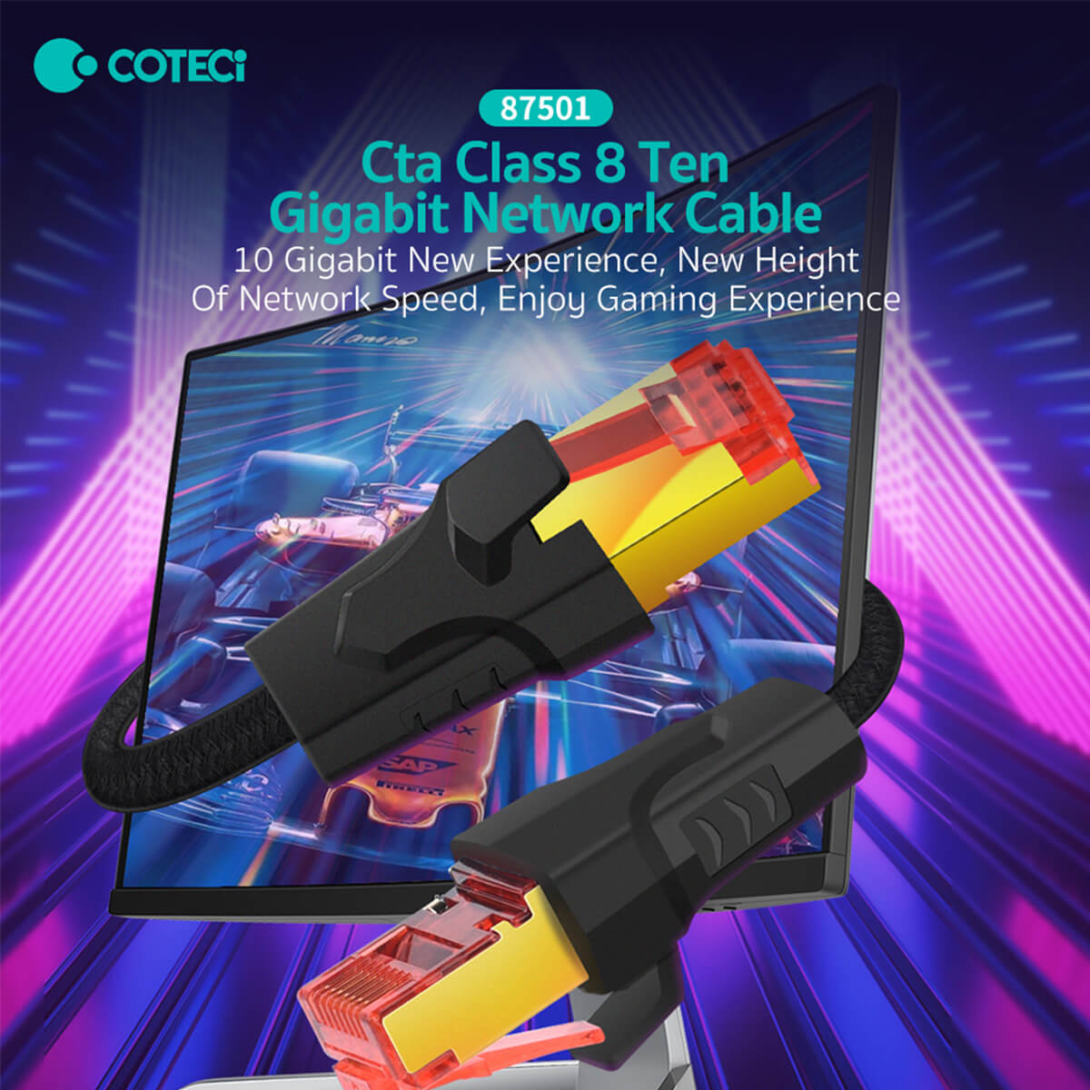 COTEetCi CTA 8 Class 10 Gigabit Ethernet Cable designed for gaming and high-speed networking, ensuring smooth internet performance with durable black braided design.